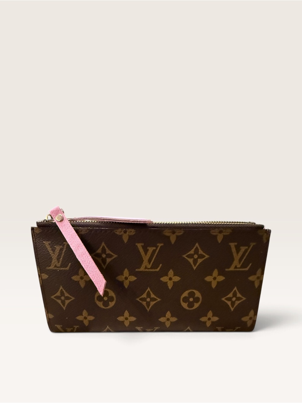 NWB Source Unknown Brown Monogram Zip Pouch with Pink Strap